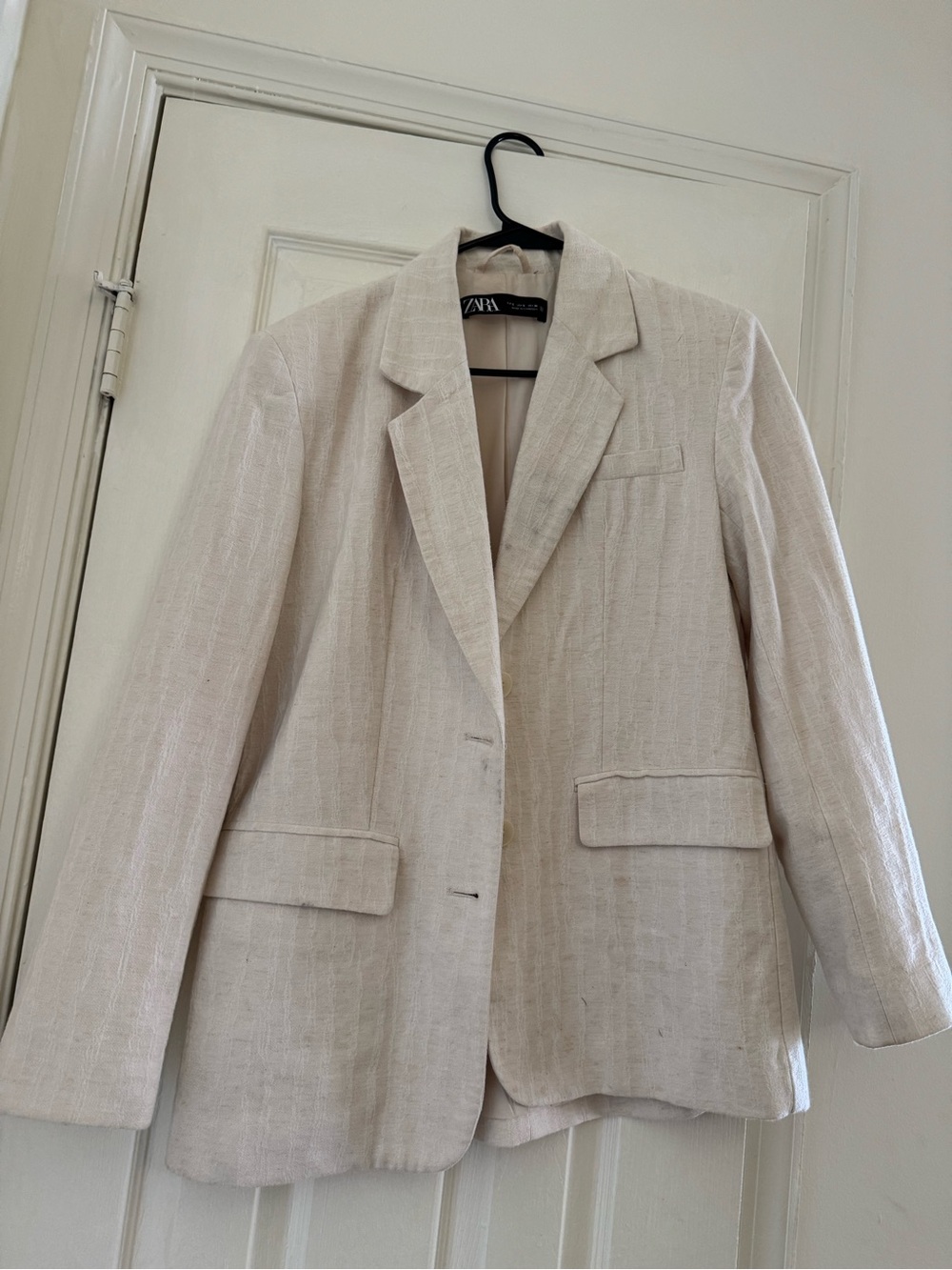 Zara Cream Textured Linen-Blend Blazer